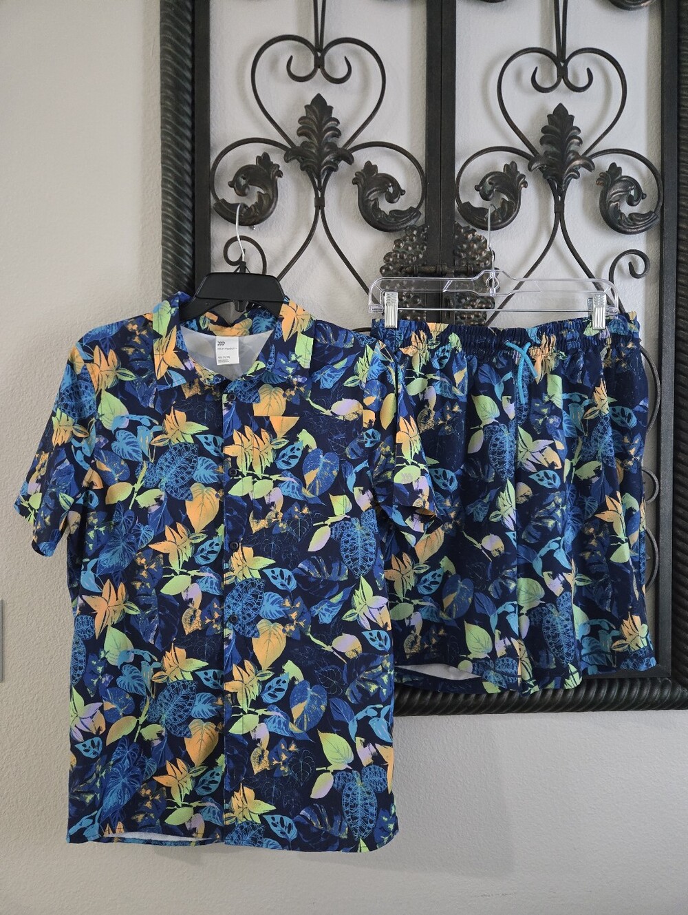 All In Motion Navy Tropical Floral Short Sleeve Shirt & Short Set